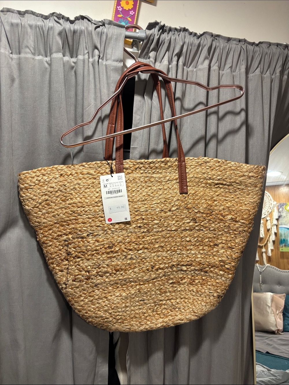 Zara Natural Straw Tote with Brown Handles